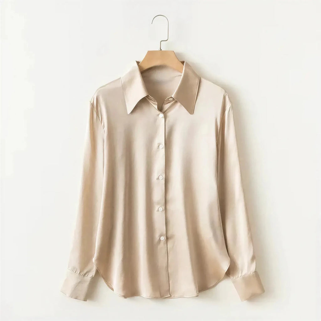 Pearl Silk Satin Lapel Shirt Embellished 100% Silk Satin Long Sleeve Blouse S Windia