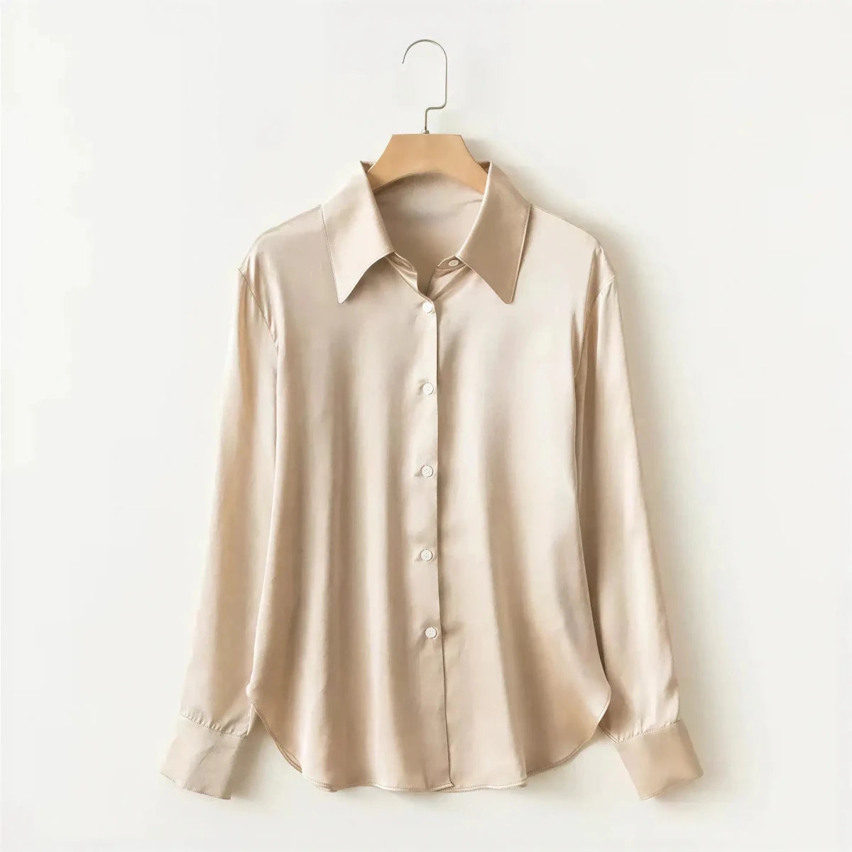 Pearl Silk Satin Lapel Shirt Embellished 100% Silk Satin Long Sleeve Blouse S Windia