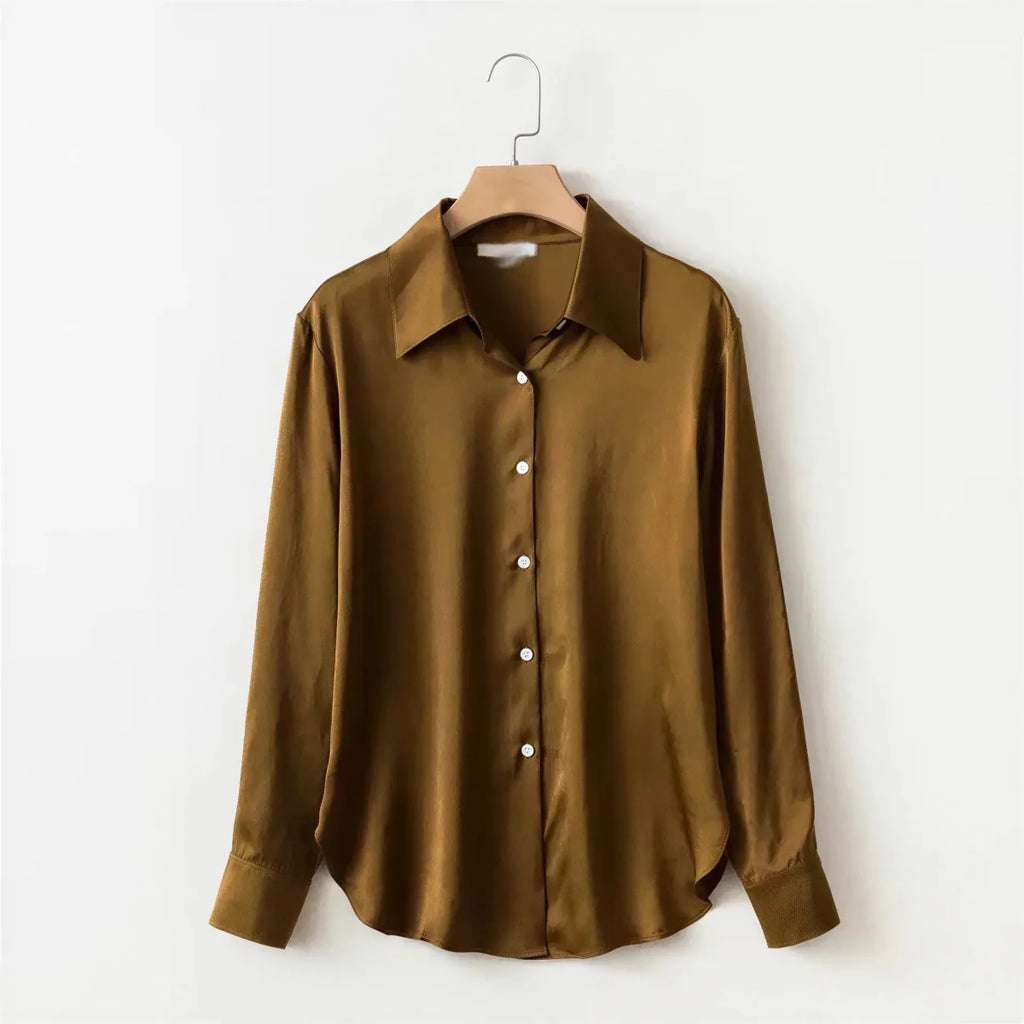 Pearl Silk Satin Lapel Shirt Embellished 100% Silk Satin Long Sleeve Blouse S Windia