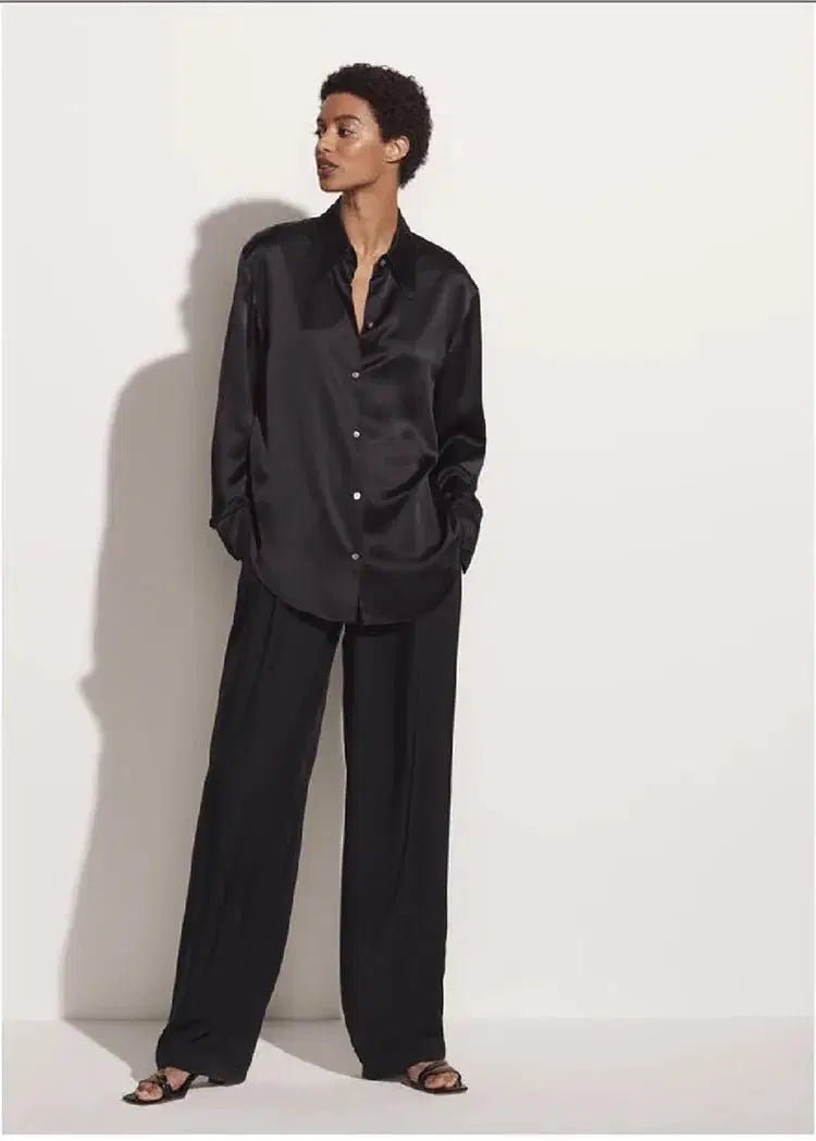 Pearl Silk Satin Lapel Shirt Embellished 100% Silk Satin Long Sleeve Blouse S Windia
