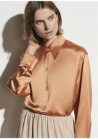 Pearl Silk Satin Lapel Shirt Embellished 100% Silk Satin Long Sleeve Blouse S Windia