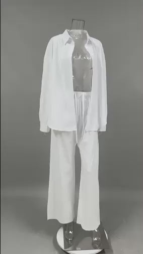 Women's Cotton Lapel Two-Piece Suit – Long Sleeve Top & Drawstring Trousers