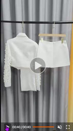 Women's White Heavy Beaded Blazer & Straight Skirt Two-Piece Set | Windia