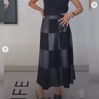Women's Genuine Leather High Waist Checkerboard A-Line Maxi Skirt
