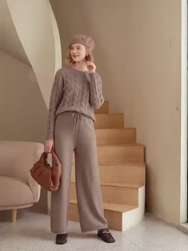 Women's Cashmere Knit Two-Piece Set — Cable Knit Sweater & Wide Leg Pants | WIndia