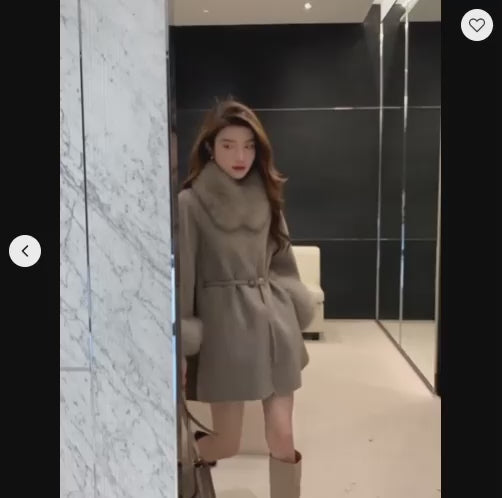 Women's Real Fox Fur Trim Wool Poncho Coat  | Windia