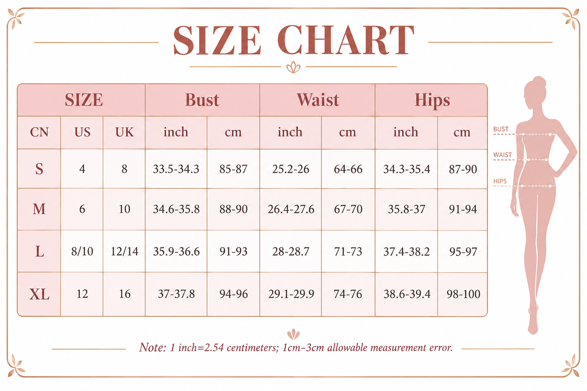 Size chart in rose-pink and gold