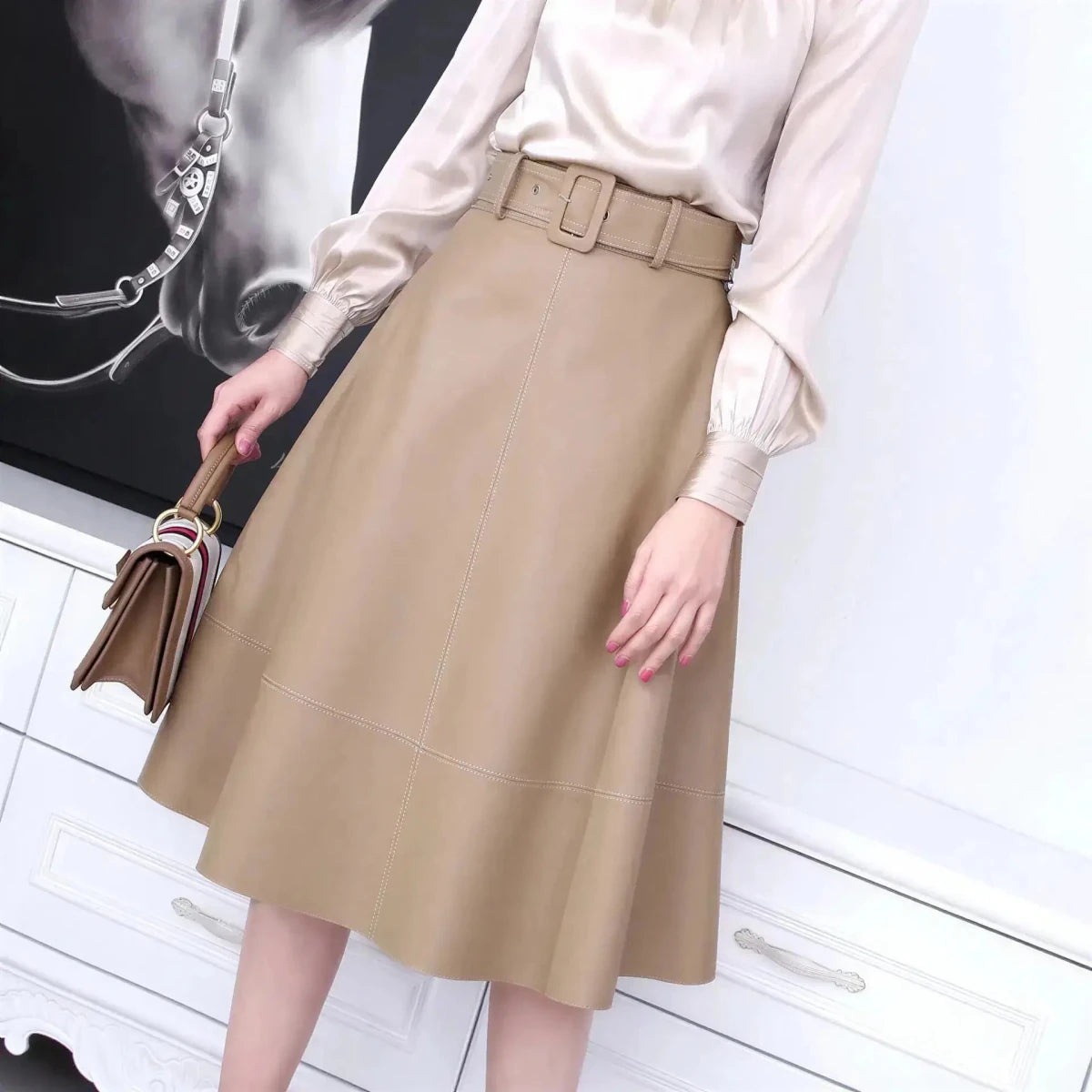 Spring New Fashion Long Leather Skirt – High Waist Real Leather Skirt for Women M Windia