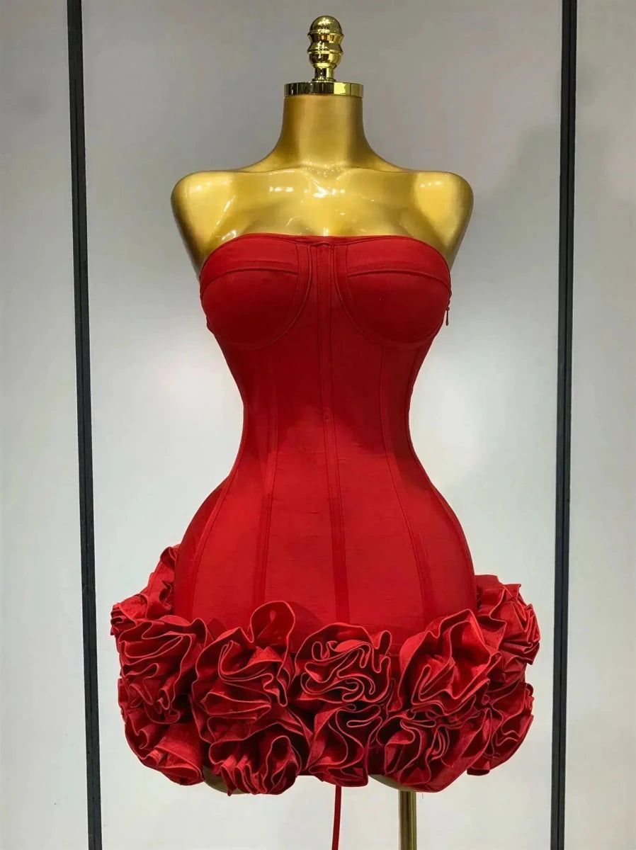 Strapless Bandage Mini Dress with Illusion Sheath Silhouette Red Windia