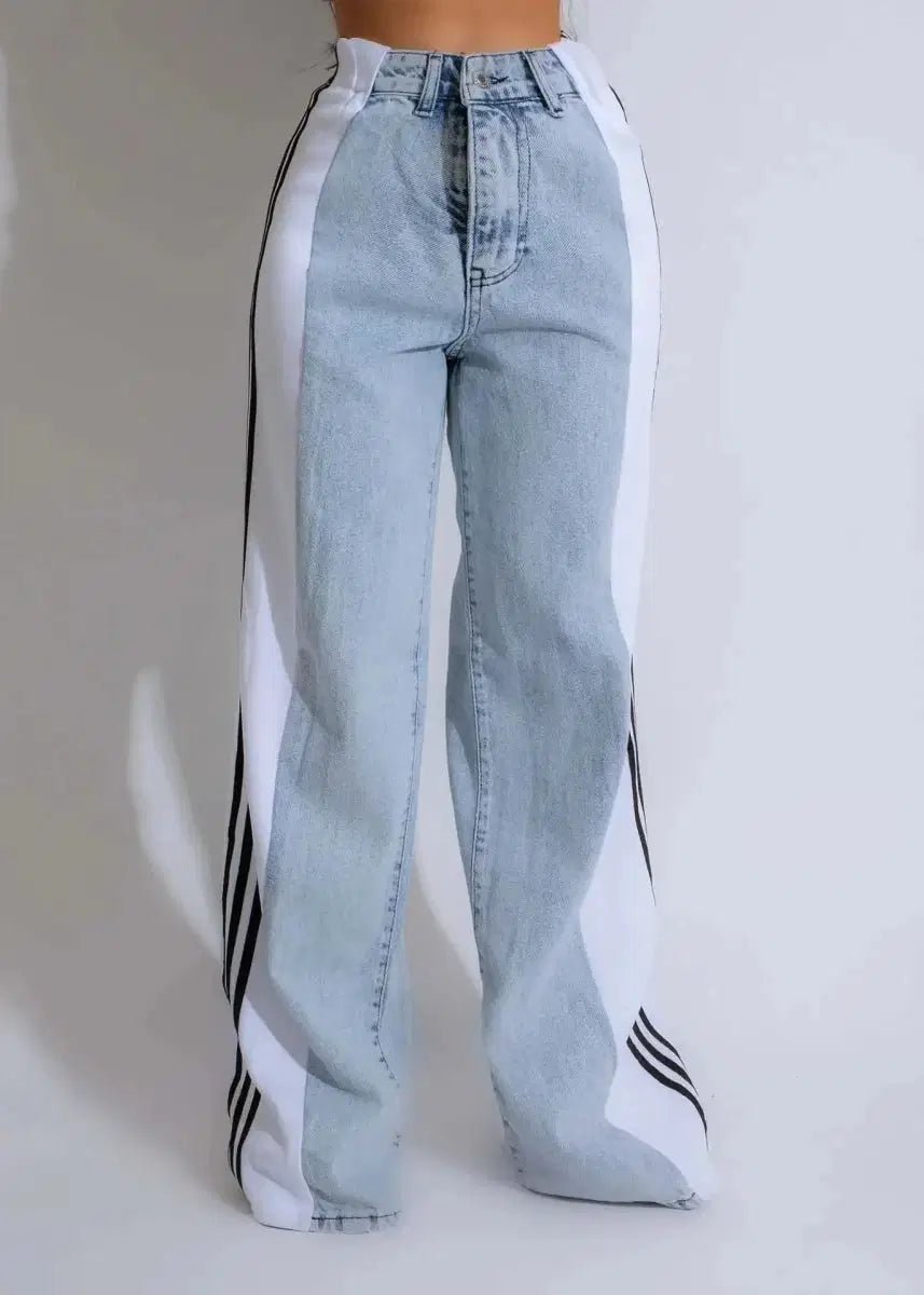 Wide Leg Denim Jeans for Women – Contrast Stripe High-Waist Palazzo Pants 2XL Windia