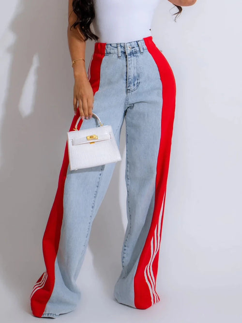 Wide Leg Denim Jeans for Women –  Red and White Contrast Stripe High-Waist Palazzo Pants | Windia