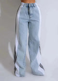 Wide Leg Denim Jeans for Women – Contrast Stripe High-Waist Palazzo Pants S Windia