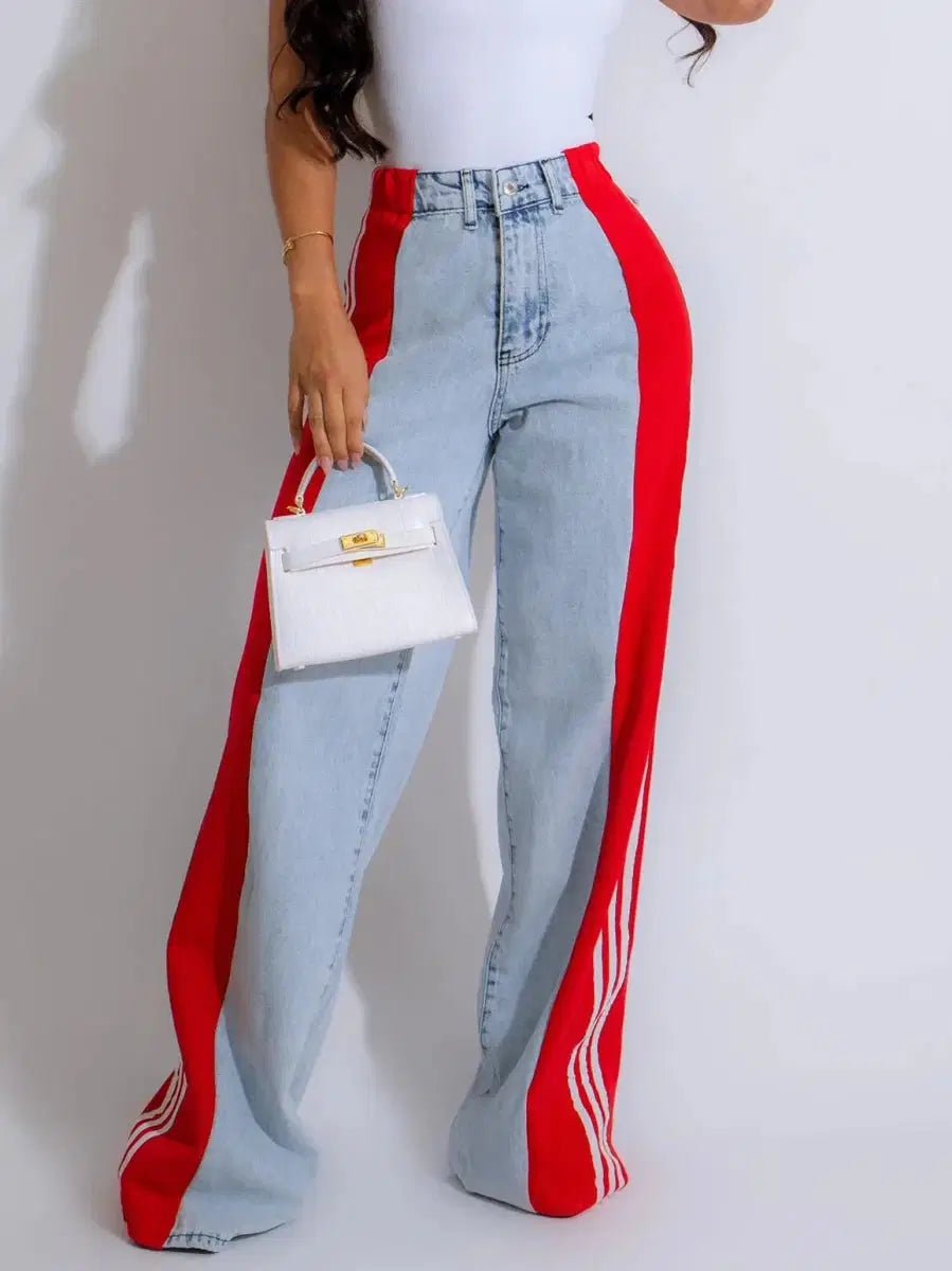 Wide Leg Denim Jeans for Women – Contrast Stripe High-Waist Palazzo Pants 2XL Windia