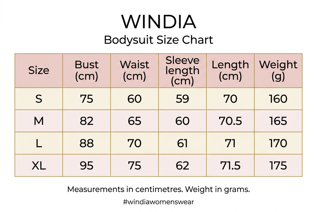 Windia blush and gold bodysuit size chart