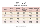 Windia blush and gold bodysuit size chart