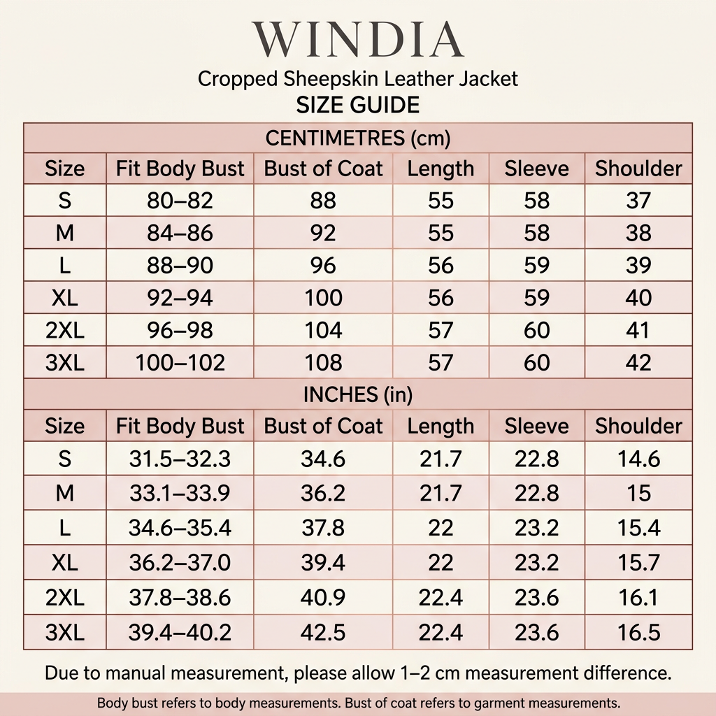 Windia blush and rose-gold jacket size chart