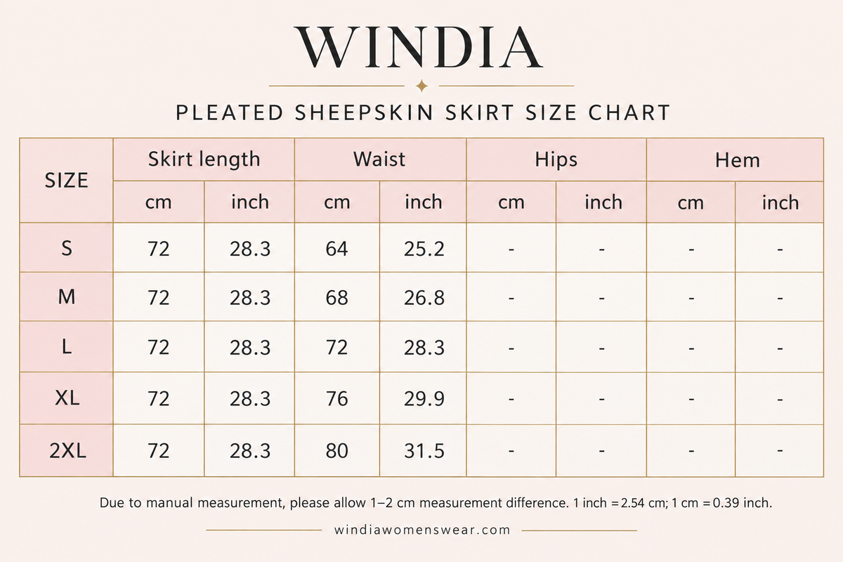 Windia blush-pink and gold skirt size chart