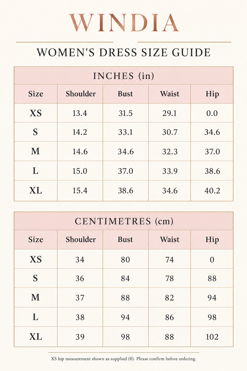 Windia blush-pink and rose-gold dress size chart in inches and centimetres