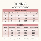 Windia coat size chart in rose-pink, blush and rose-gold