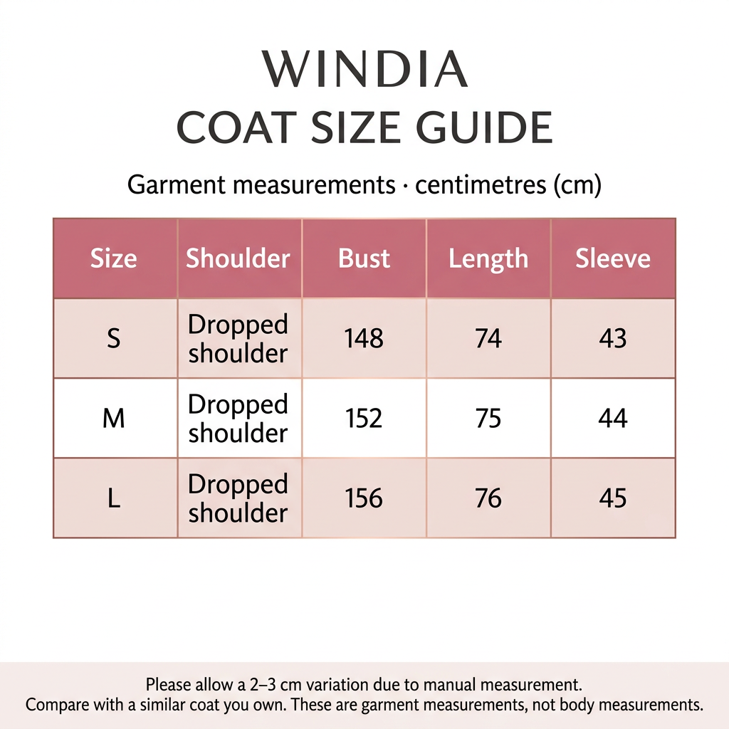 Windia coat size chart in rose-pink, blush and rose-gold