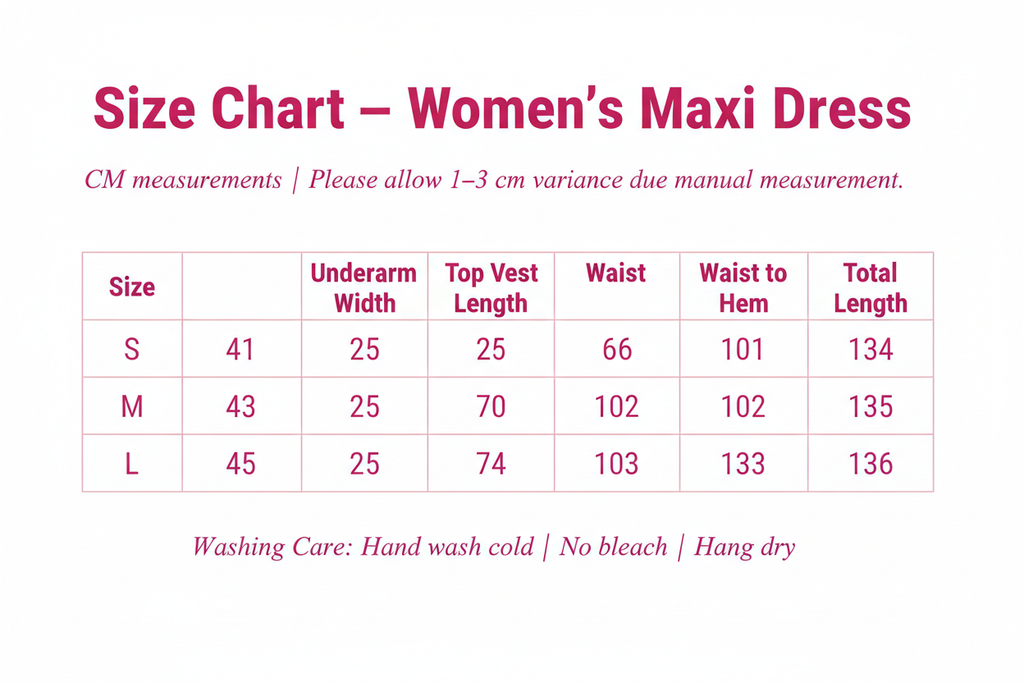 Windia Maxi Dress Size Chart