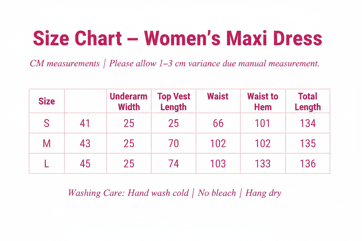 Windia Maxi Dress Size Chart