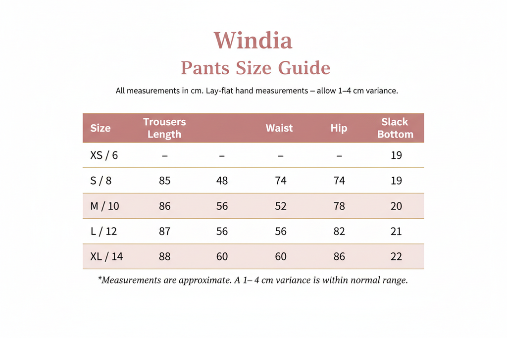 Windia Pants Size Chart