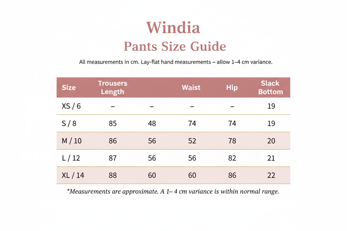 Windia Pants Size Chart