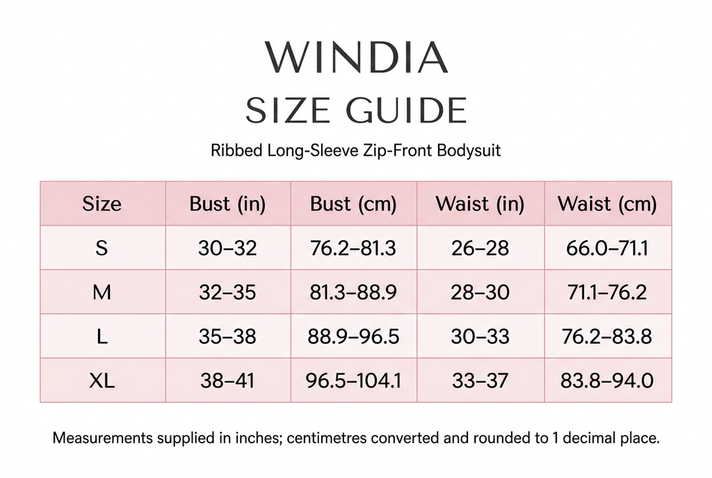 Windia size chart in light pink and white, with bust and waist measurements in inches and centimetres