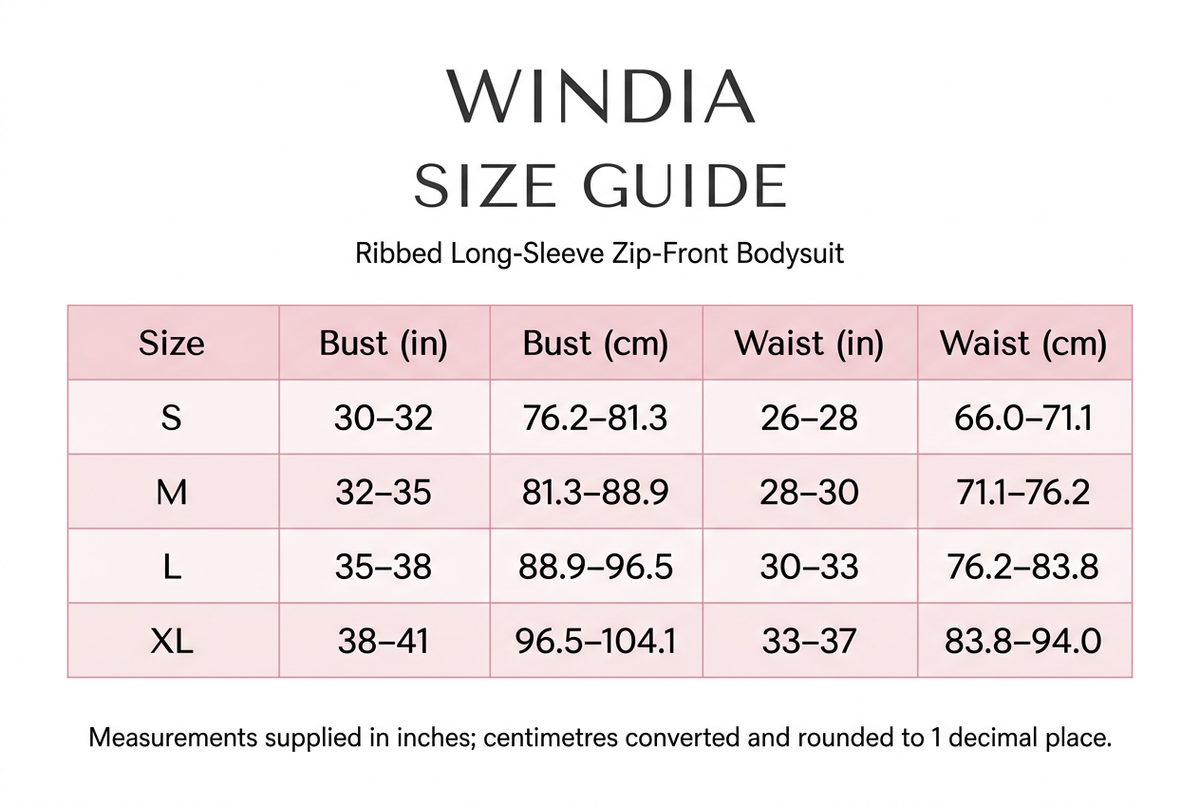 Windia size chart in light pink and white, with bust and waist measurements in inches and centimetres