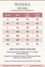Windia size chart in rose-pink, blush and gold, with S–4XL measurements and fit guidance