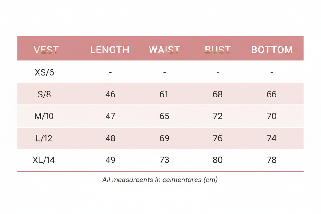 Windia Vest Size Chart – Rose Pink & Gold