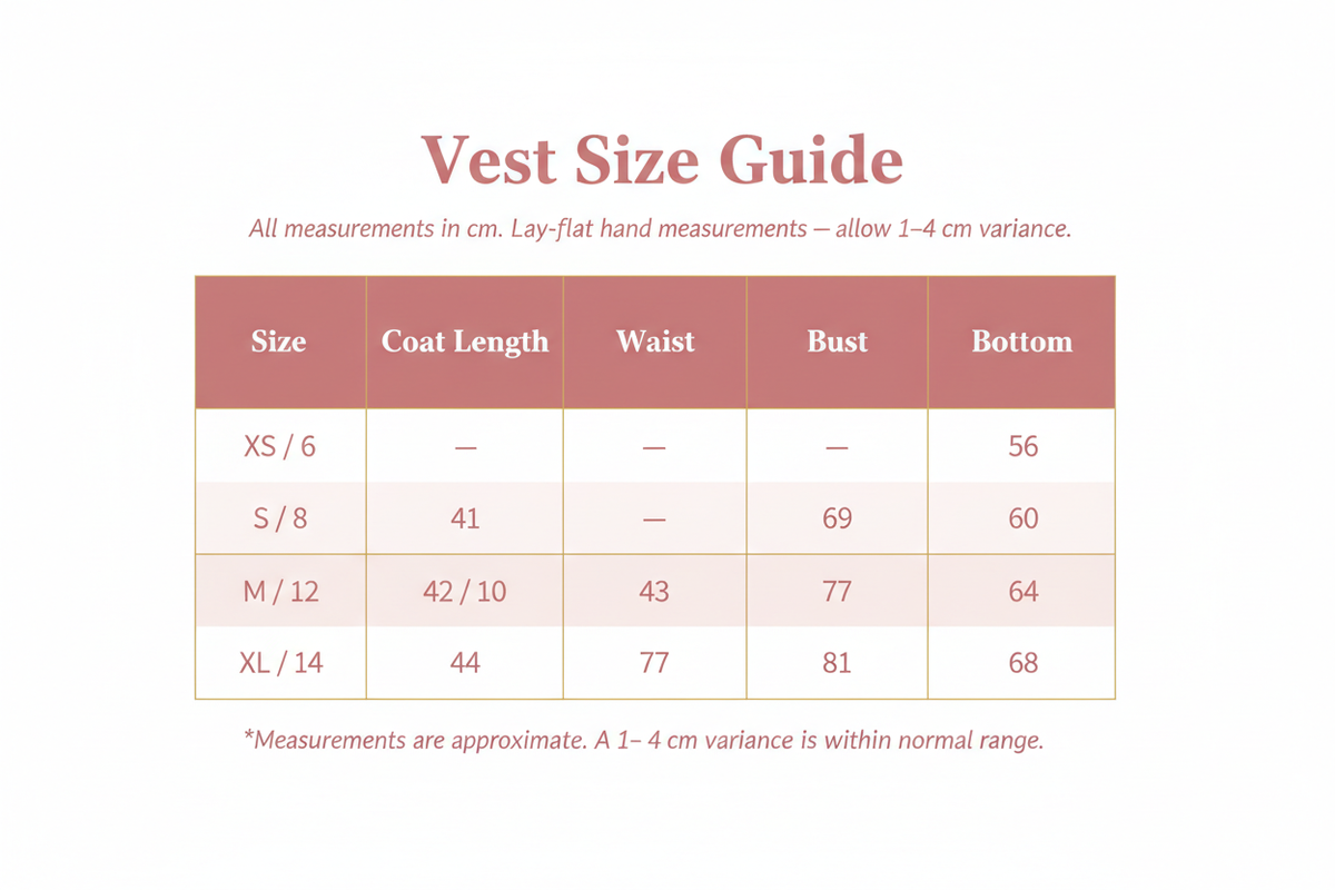 Windia Vest Size Chart