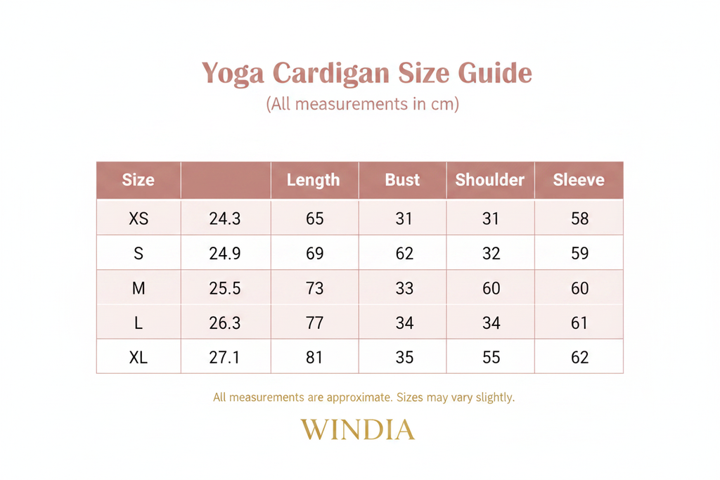 Windia Yoga Cardigan Size Chart