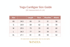 Windia Yoga Cardigan Size Chart