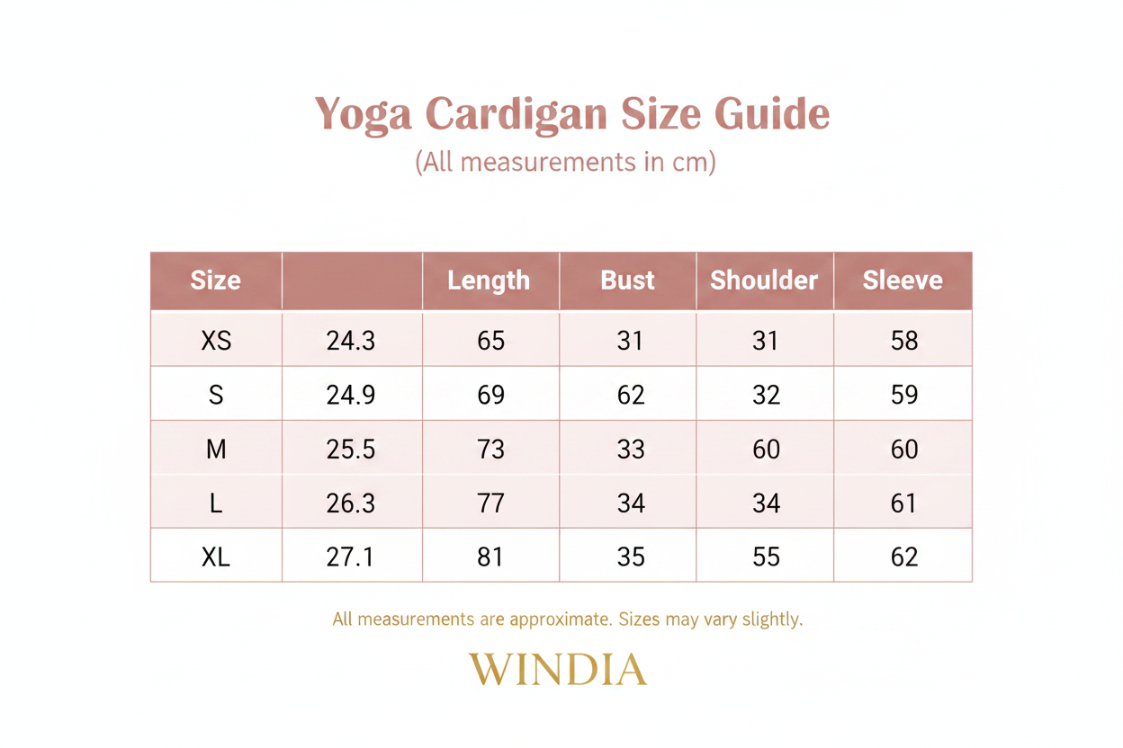 Windia Yoga Cardigan Size Chart