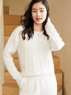 Women's Cashmere Knit Two-Piece Set | Cable Knit Sweater & Wide Leg Pants | Autumn Winter Loungewear L Windia