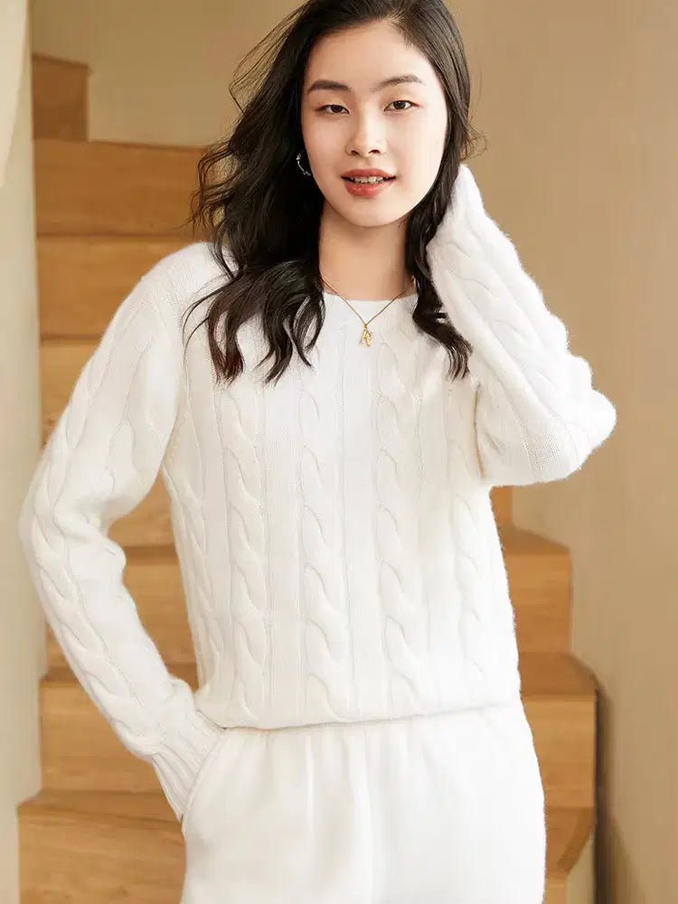 Women's Cashmere Knit Two-Piece Set | Cable Knit Sweater & Wide Leg Pants | Autumn Winter Loungewear L Windia