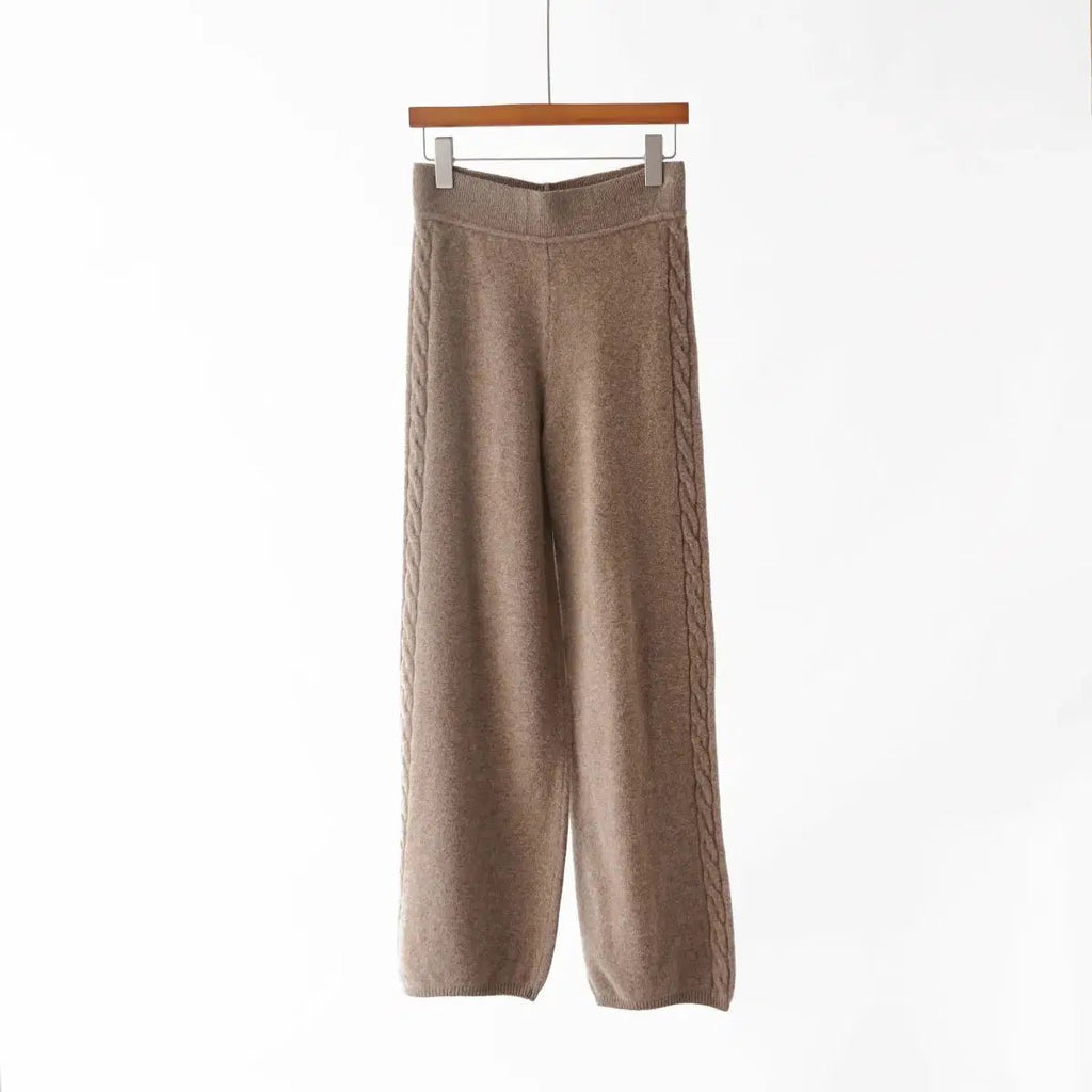 Women's Cashmere Knit Two-Piece Set | Cable Knit Sweater & Wide Leg Pants | Autumn Winter Loungewear S Windia