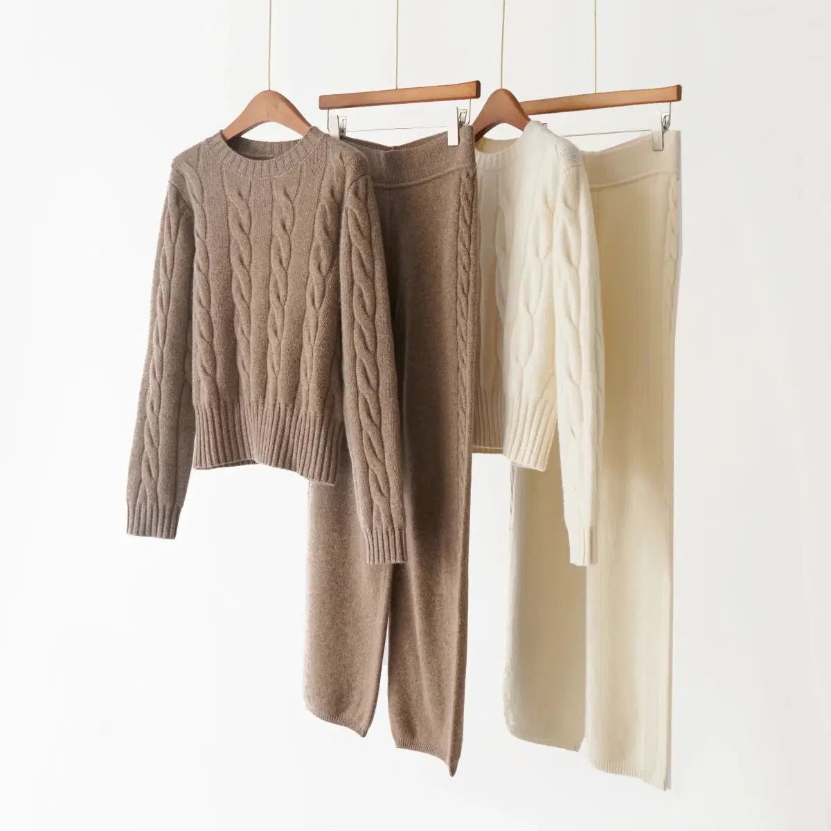 Women's Cashmere Knit Two-Piece Set | Cable Knit Sweater & Wide Leg Pants | Autumn Winter Loungewear S Windia