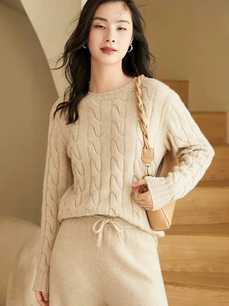 Women's Cashmere Knit Two-Piece Set | Cable Knit Sweater & Wide Leg Pants | Autumn Winter Loungewear L Windia