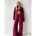 Women's Cotton Lapel Two-Piece Suit – Long Sleeve Top & Drawstring Trousers S Windia