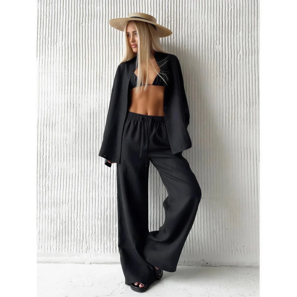 Women's Cotton Lapel Two-Piece Suit – Long Sleeve Top & Drawstring Trousers S Windia