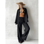 Women's Cotton Lapel Two-Piece Suit – Long Sleeve Top & Drawstring Trousers S Windia