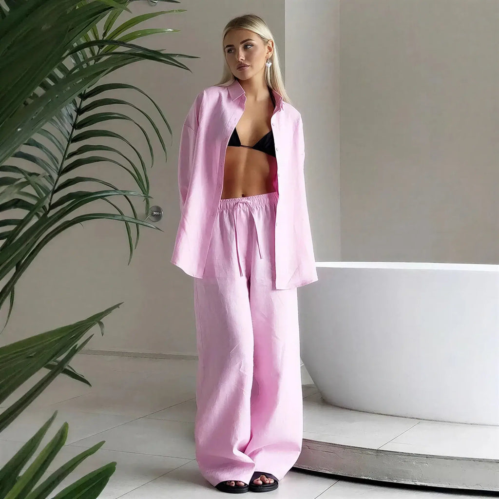 Women's Cotton Lapel Two-Piece Suit – Long Sleeve Top & Drawstring Trousers S Windia