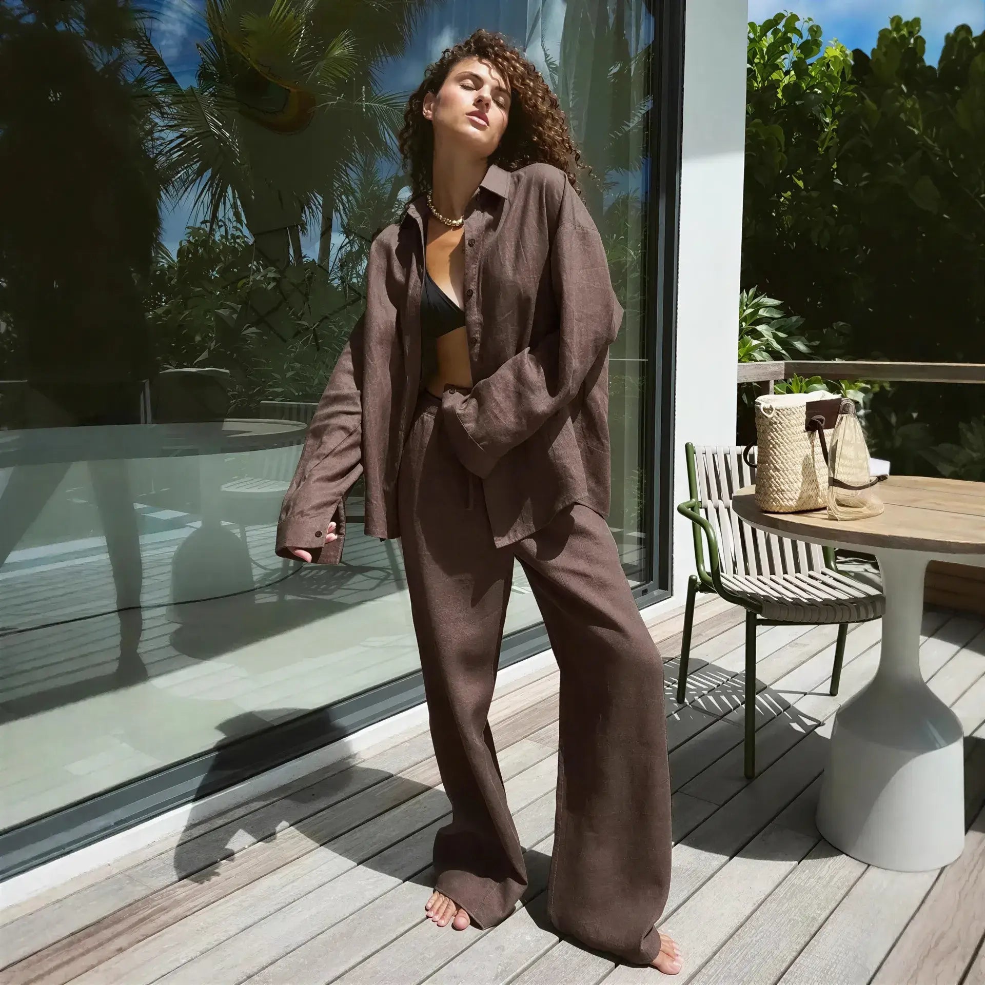 Women's Cotton Lapel Two-Piece Suit – Long Sleeve Top & Drawstring Trousers S Windia