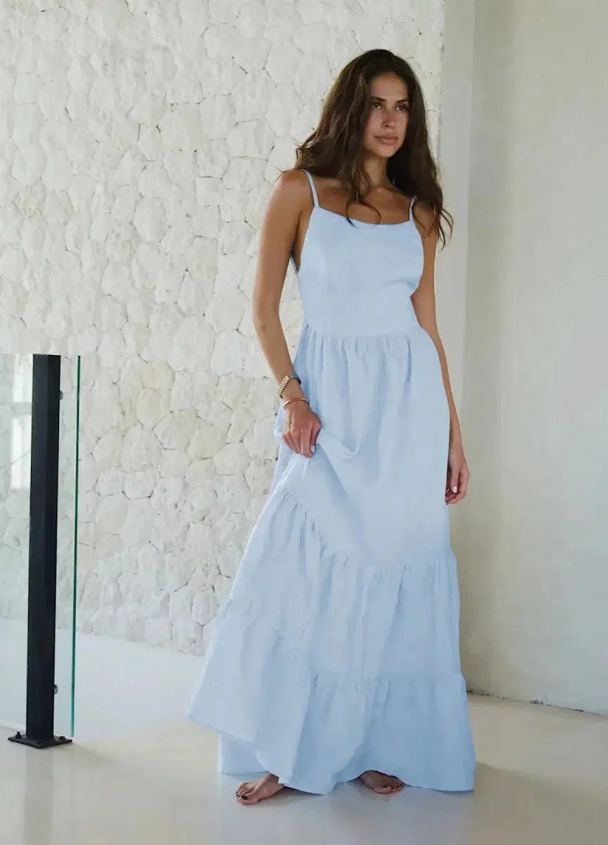 Women's Cotton Sleeveless Maxi Dress | Bohemian Beach Vacation Dress Light Blue Windia
