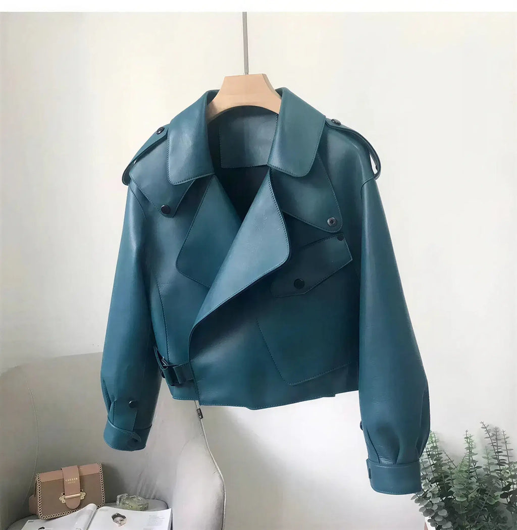 Women's Cropped Sheepskin Leather Bomber Jacket - Waterproof & Windproof - Windia