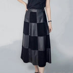 Women's Genuine Leather High Waist Checkerboard A-Line Maxi Skirt M Windia