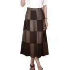 Women's Genuine Leather High Waist Checkerboard A-Line Maxi Skirt M Windia